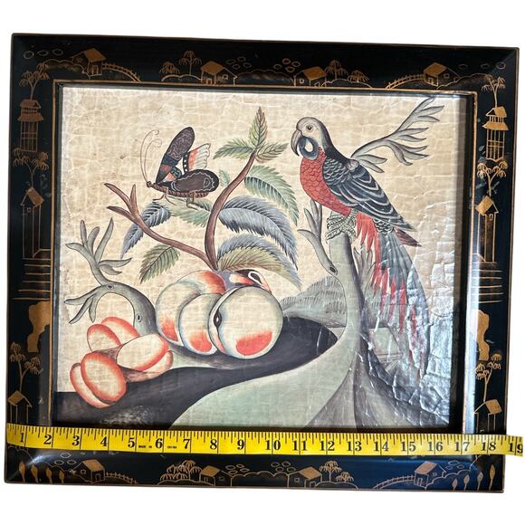 Vintage Asian Art Lacquered Panel Hand-Painted Scene Parrot Butterflies & Grapes - Picture 4 of 10